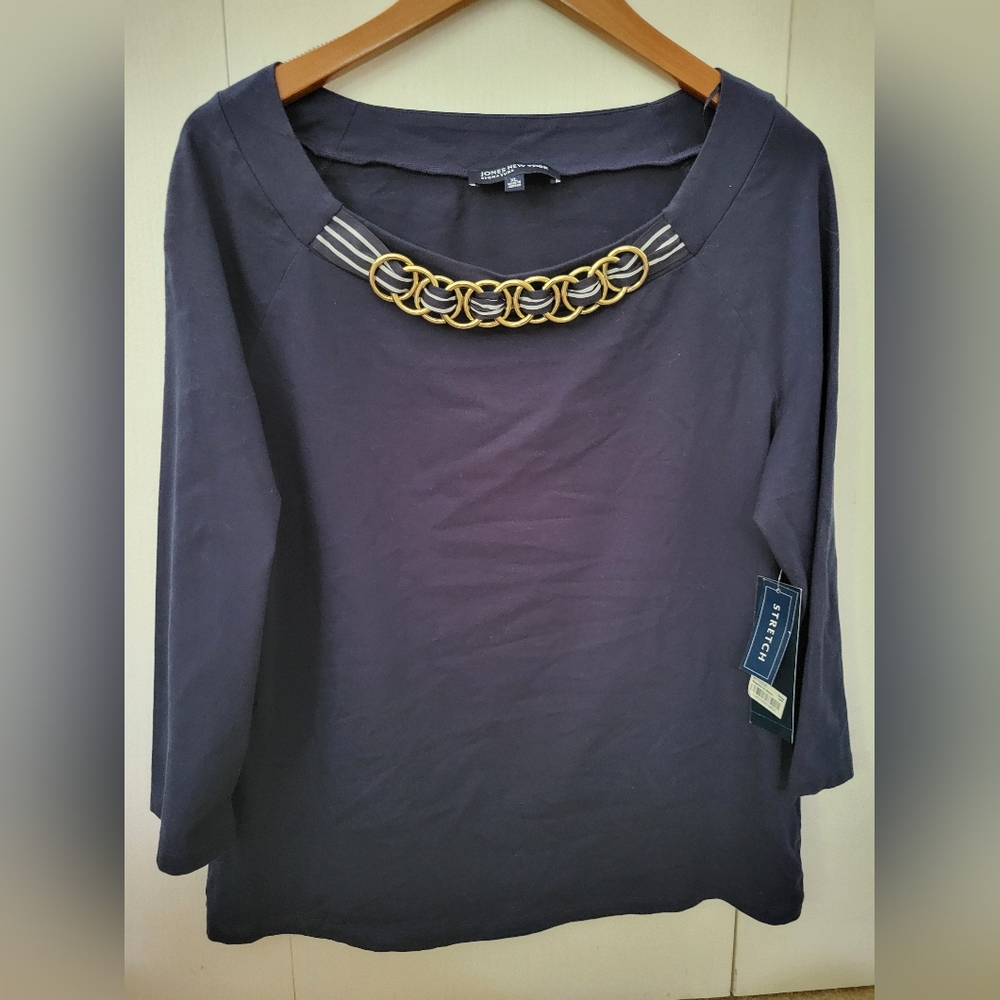 NWT Jones New York Blue and Gold Embellished Blouse Sz XL